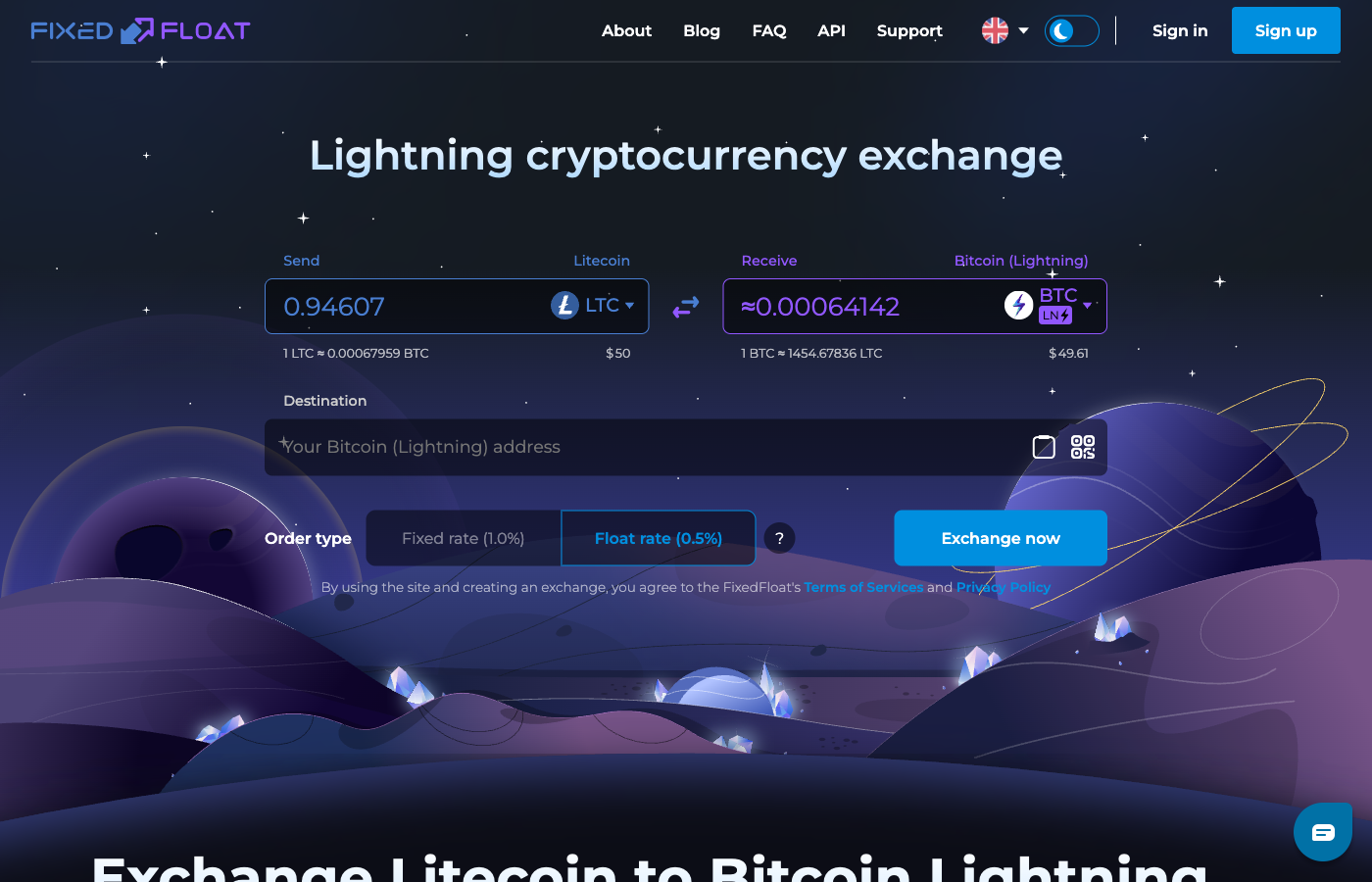 FixedFloat exchange widget configured for Litecoin to Bitcoin Lightning swap